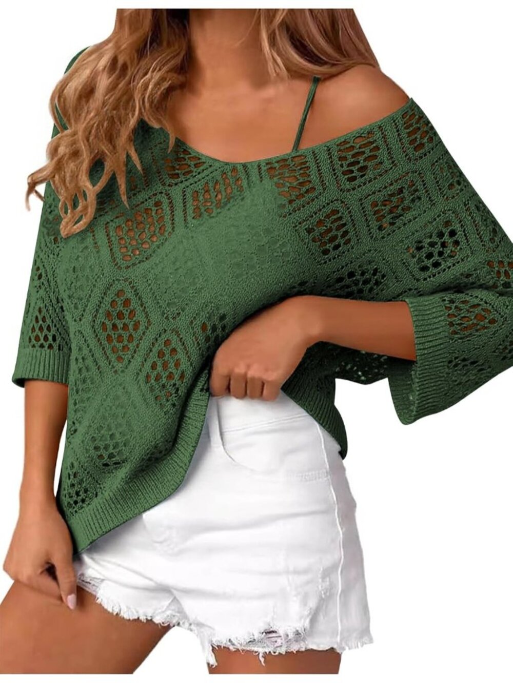 🆕Women's Army Green Sleeve Crochet Tops Summer V Neck Beach Cover Ups Casual